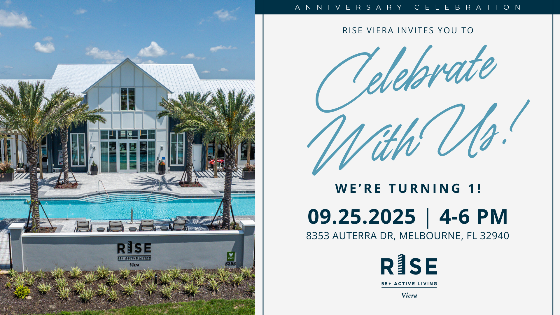 Rise Viera 1st Anniversary Celebration at Poolside, Melbourne FL, 09.25.2025, 4-6 PM.