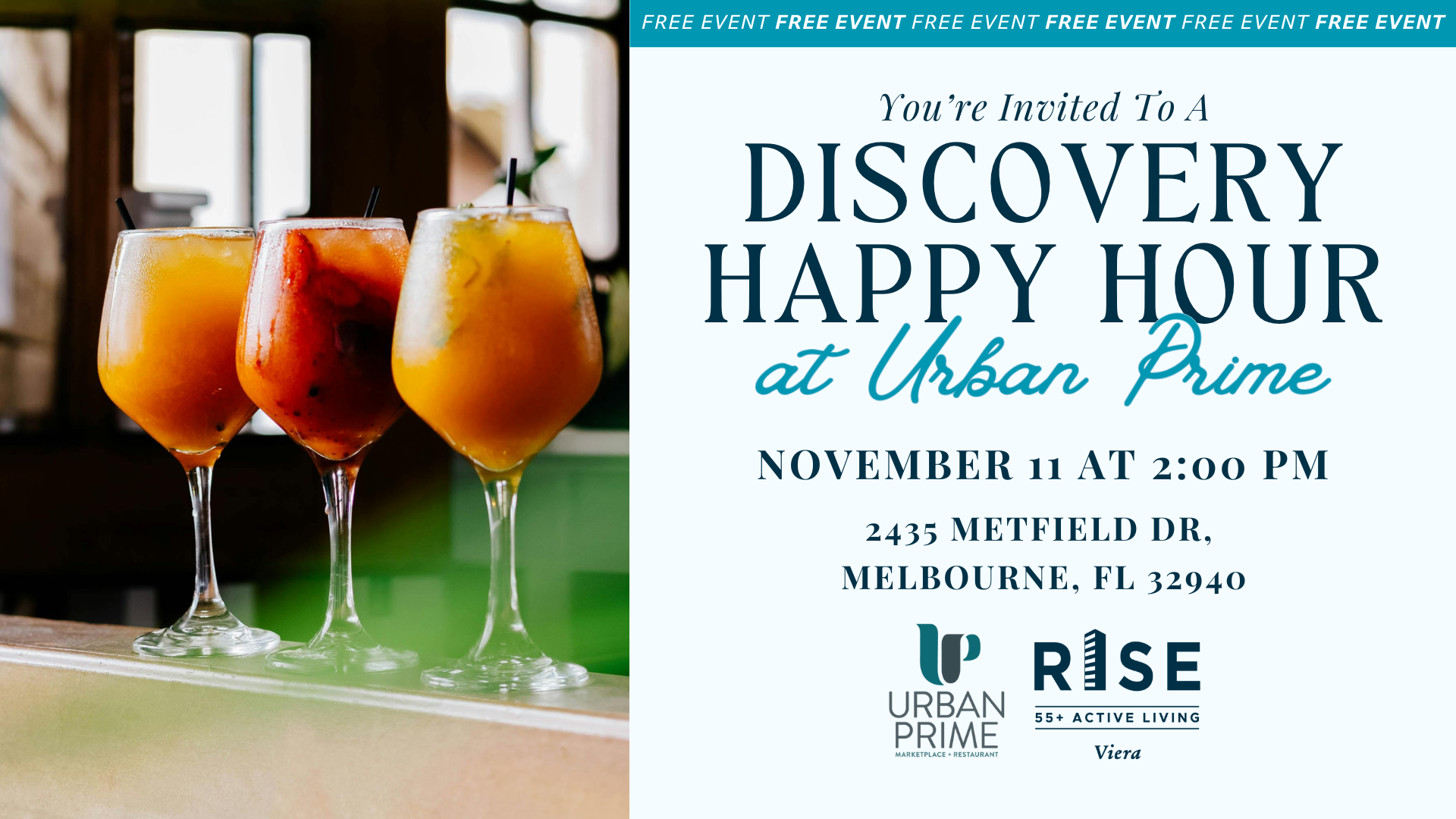 Three fruity cocktails on a table, promoting Discovery Happy Hour at Urban Prime, November 11 in Melbourne, FL.