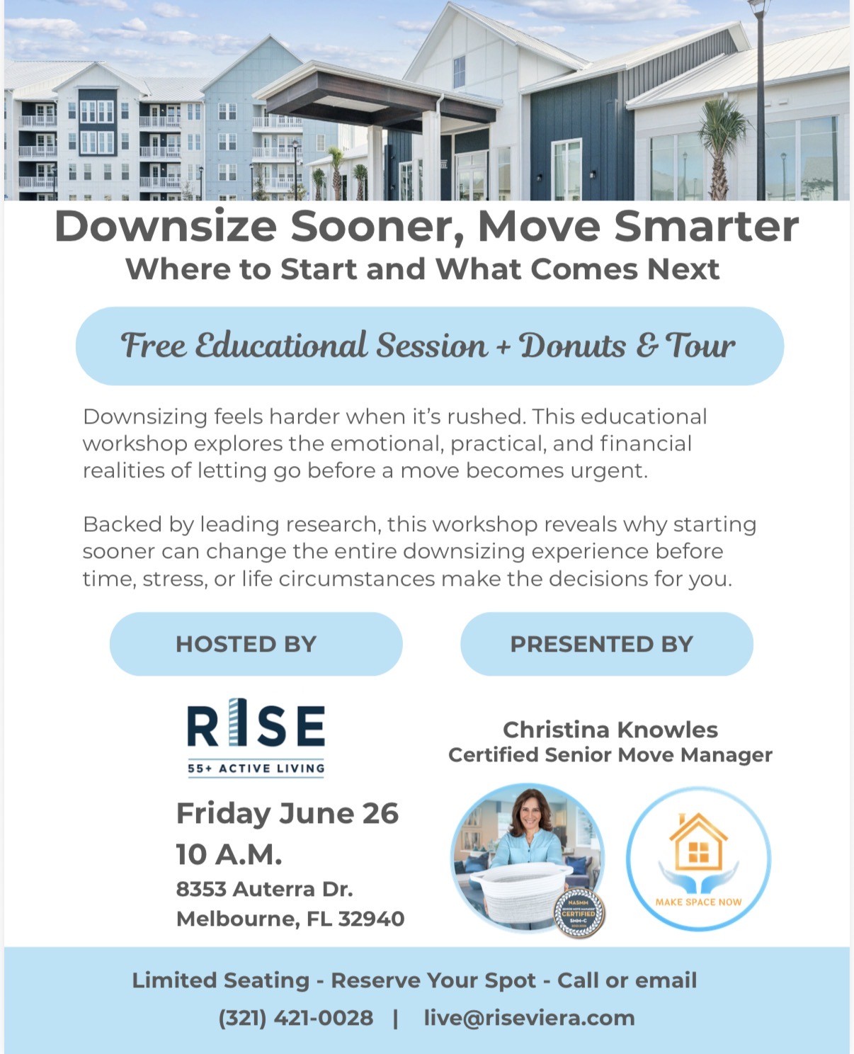 Free downsizing workshop for seniors at Rise 55+ Active Living, Melbourne, FL, June 26, 10 AM. Reserve now!