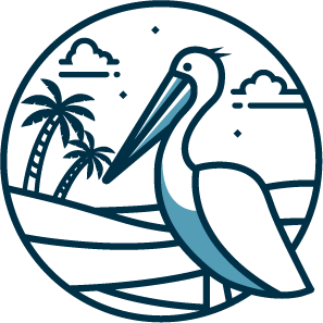 Line art of a pelican with palm trees and clouds in the background, perfect for beach or tropical themes.